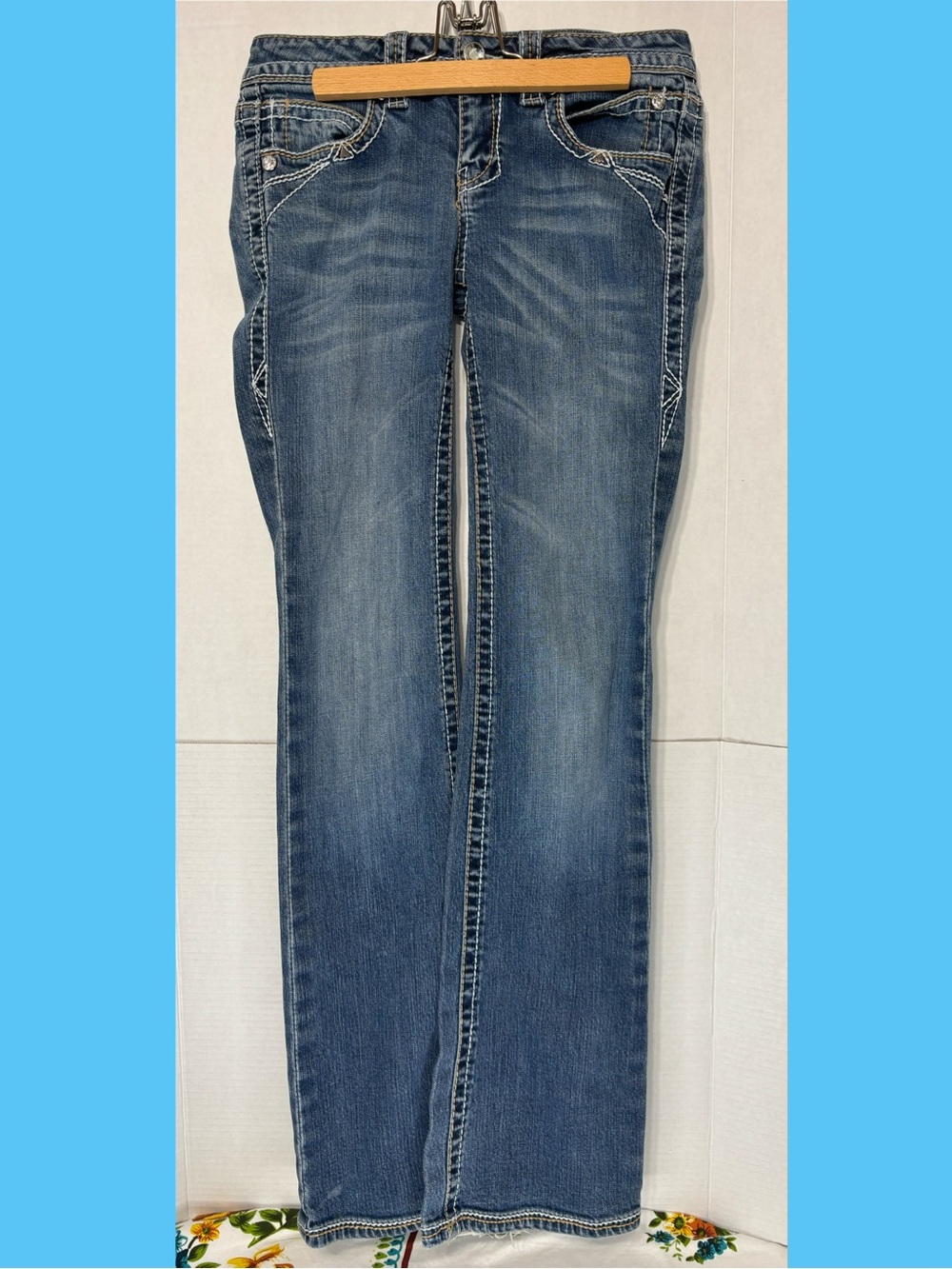 Cello Women's Flare Leg Blue Jeans Low Rise Y2K Bling Detail Style